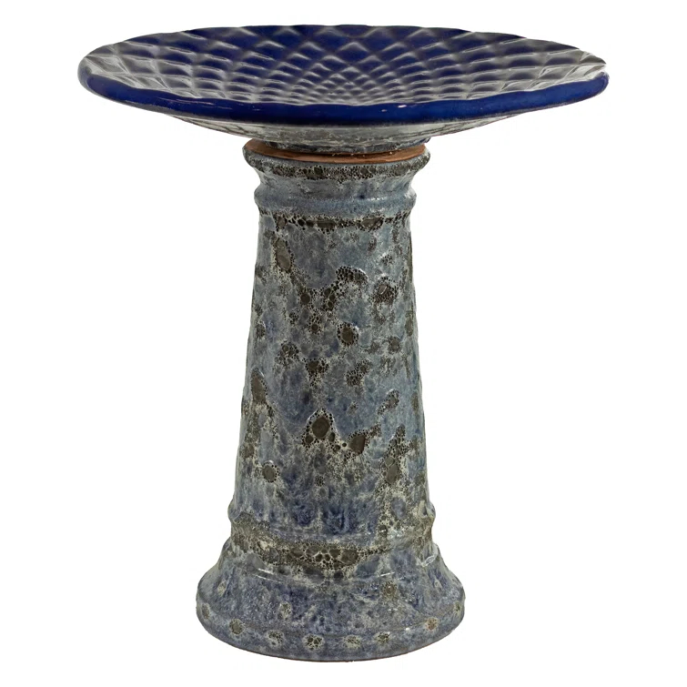 Red Barrel Studio® Trenasia Freestanding Ceramic Outdoor Bird Bath with UV-Resistant Blue Lava Finish