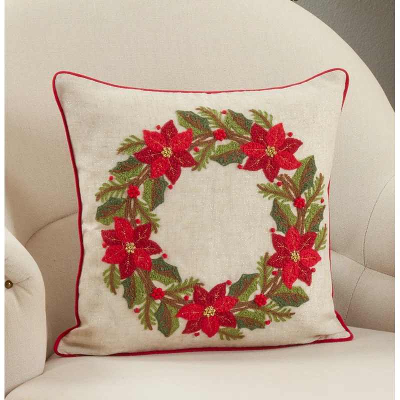 Saro Holly Wreath Collection Floral Pillow Cover
