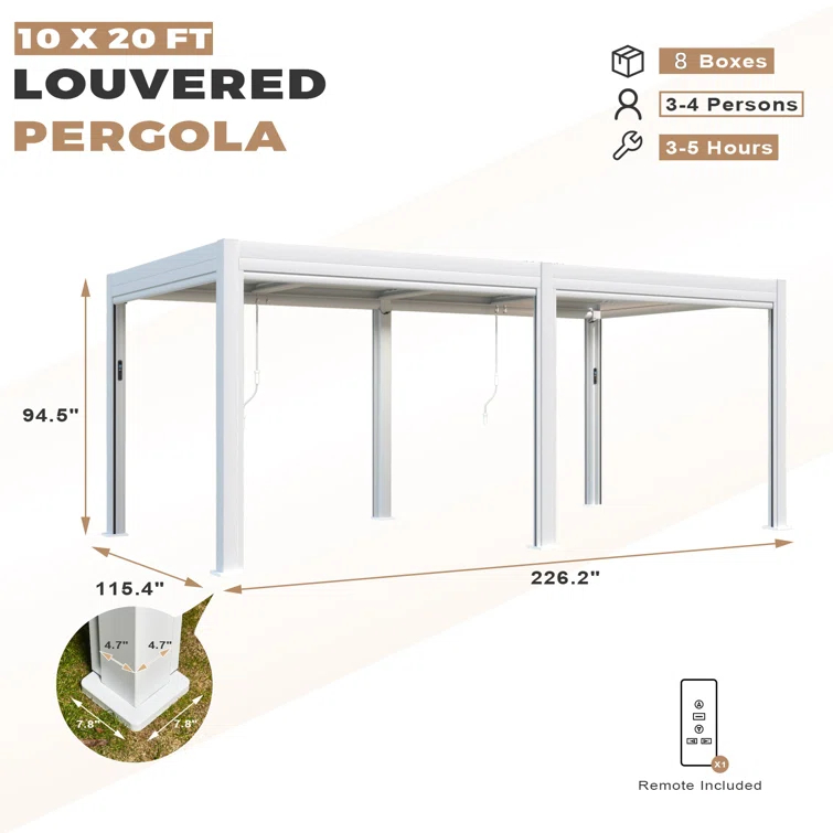 EROMMY 10 Ft. W x 20 Ft. D Aluminum Pergola with Canopy, with LED lights and Motorized Curtains