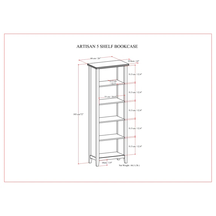 Simpli Home Artisan 26"W Solid Wood 5 Shelf Contemporary Bookcase with Adjustable Shelves