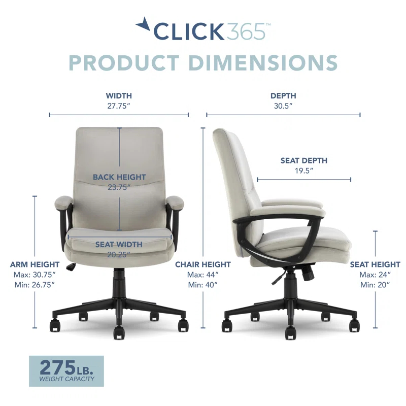 CLICK365 Click365 Classic Comfort Executive Office Chair, Ergonomic Mid-Back, Double-Layer Seat Cushion