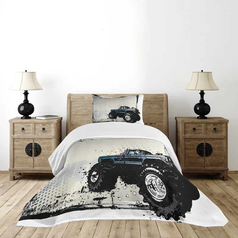 Ambesonne Ambesonne Truck Bedspread Set Halftone Monster Pickup Ivory Blue Black