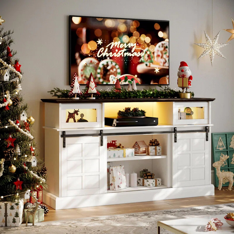 Farmhouse TV Stand W/LED Light, White TV Stand For 65 Inch Tvs, Entertainment Center TV Cabinet Stands With Flip Drawers, Sliding Barn Door TV Center Media Console Table For Living Room Bedroom