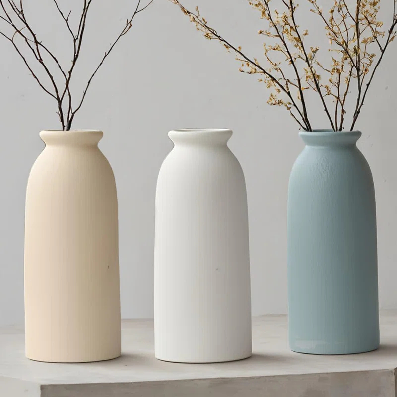 Latitude Run® Set Of 3 Multicolor Ceramic Vases For Home Decor, Farmhouse Style Centerpieces For Living Room, Table, Fireplace, Or Entryway (Blue Mix)