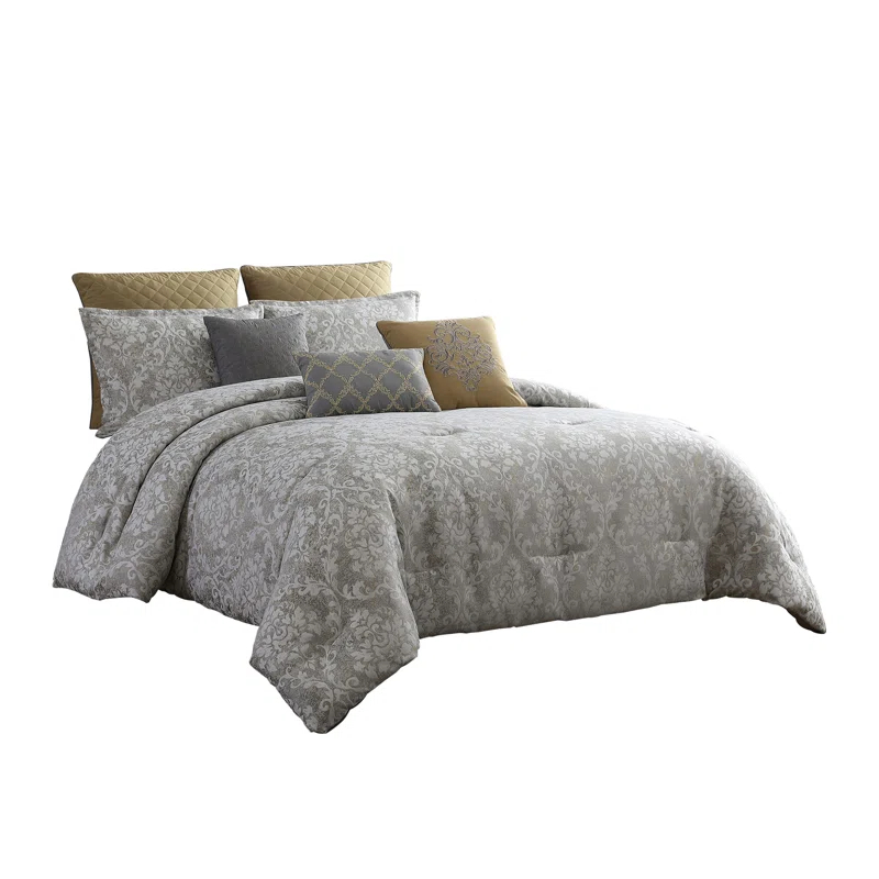 Benjara Gray/Gold Microfiber 8 Piece Comforter Set