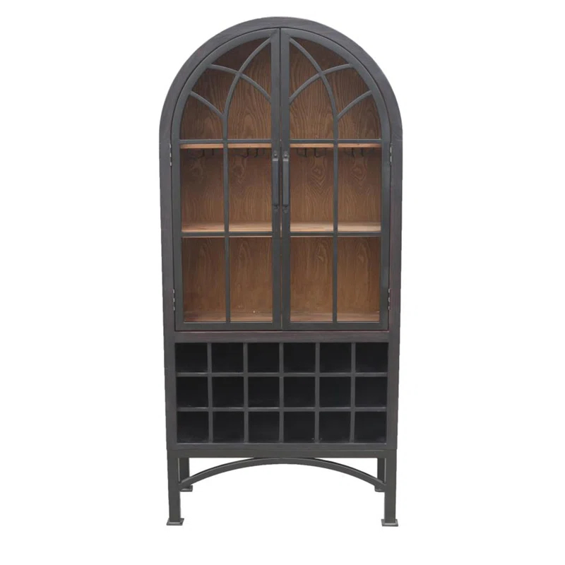Benjara Veria Curio Wine Bar Cabinet, 2 Glass Arch Doors, Matte Black 71 Inch