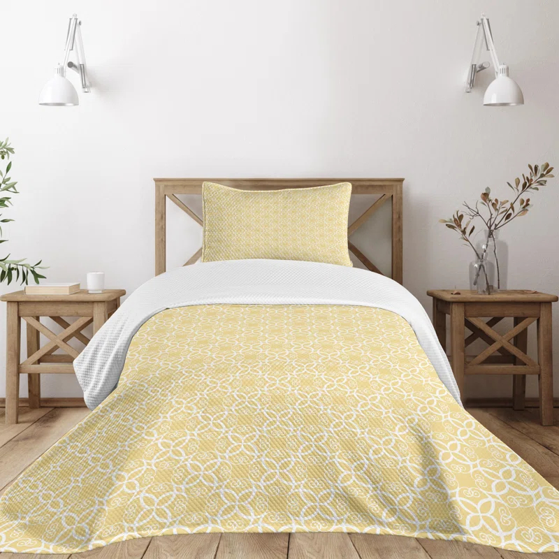 Ambesonne Ambesonne Yellow and White Bedspread Ornate Floral Pale Yellow White