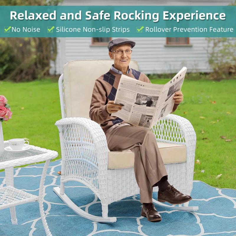 Beachcrest Home™ Beachcrest Home Outdoor Wicker Rocking Chairs Set Of 2, Rattan Patio Rocker Chairs With Thick Cushions And High Back, All-Weather Patio Wicker Chair With Safe Rocking Design For Garden, White Wicker