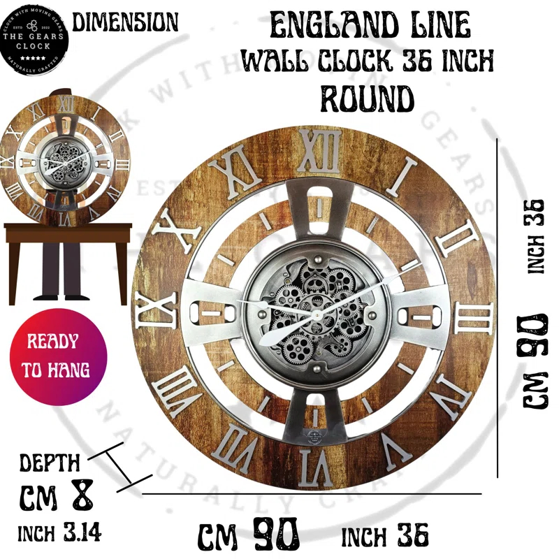 The Gears Clock Wall Clock 36" Oversized for Living Room decor with Real Moving Gears England Collection