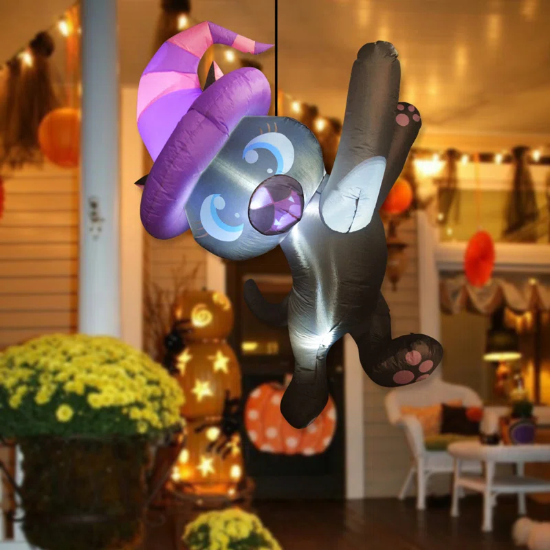 GOOSH Halloween Inflatable 4.9 FT Hanging Black Cat Blow Up Hanging Halloween Decorations with LED Lights