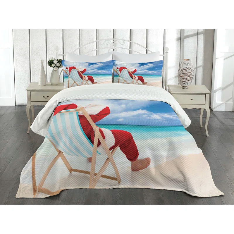 Ambesonne Ambesonne Santa Bedspread Set Relaxing at Exotic Beach Blue Sand Brown Red
