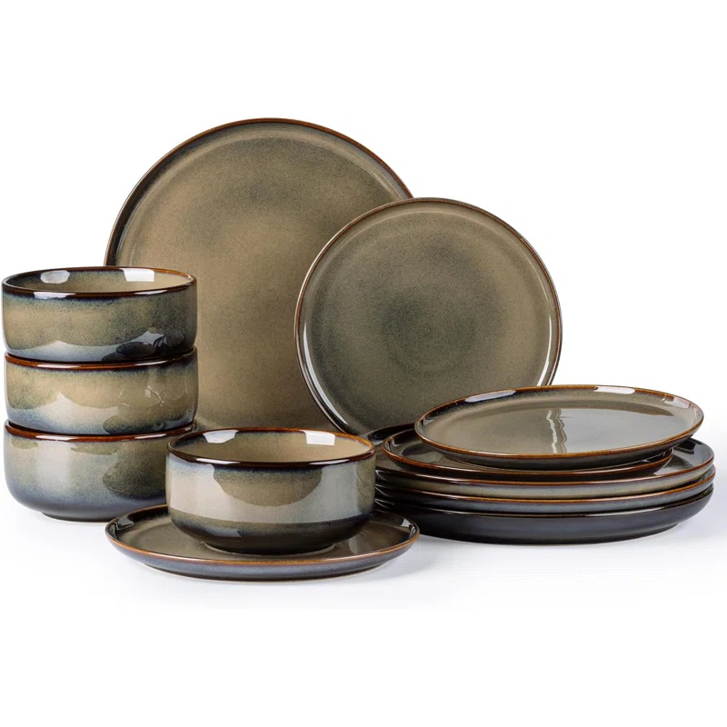 One Allium Way® 12-Piece Reactive Glaze Plate and Bowl Set, 4-Person Dinnerware Set, Scratch Resistant Dinnerware Set