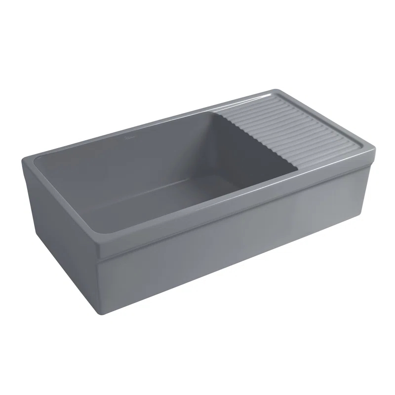 Whitehaus Collection WHQD540-M-CEMENT Whitehaus Collection 36” Single Bowl Fireclay Kitchen Sink: Integral Drainboard, Lip Front Apron