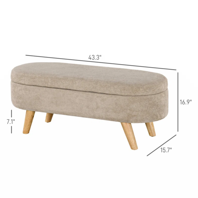 Corrigan Studio® Storage Ottoman Bench, 43.3" Teddy Fleece Upholstered End Of Bed Bench With Wood Legs And Padded Seat, Oval Modern Entryway Bench, Beige