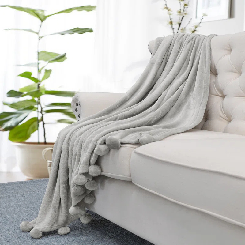 Home Soft Things Flannel Fleece Pom Pom Blanket