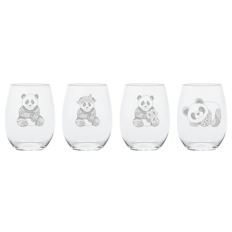 Bloomsbury Market Parryville Pandas 4 Piece 17 oz.  Stemless Wine Glass Set