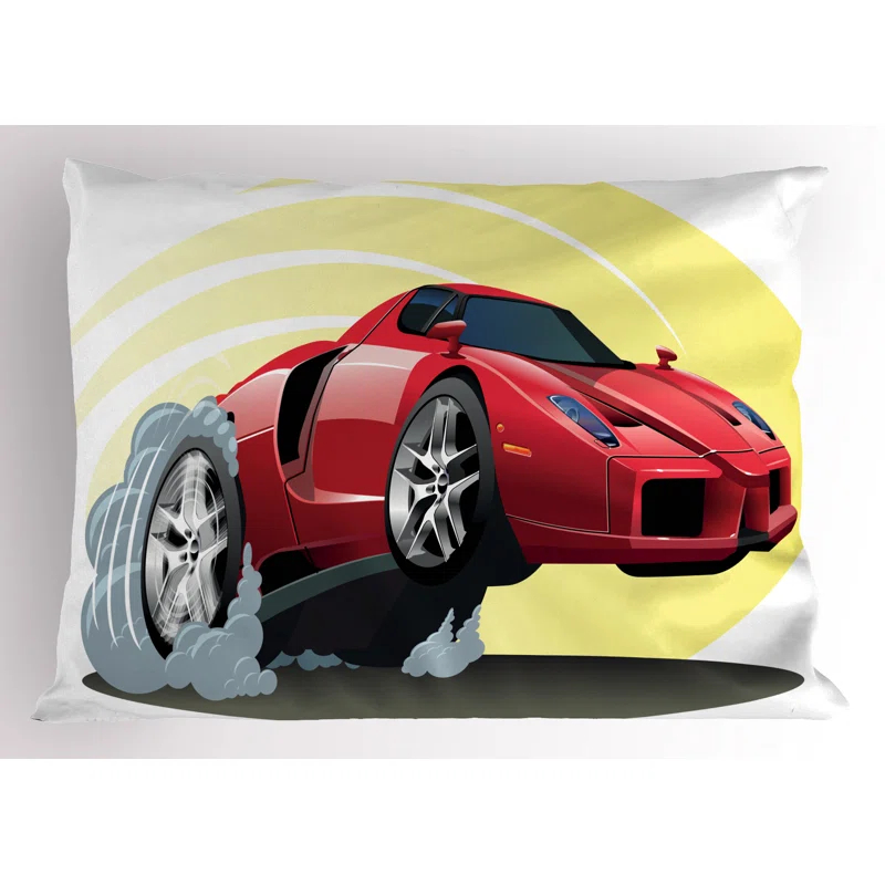 Ambesonne Cars Pillow Sham 2 Pack Cartoon Vehicle Powerful Red Yellow Grey