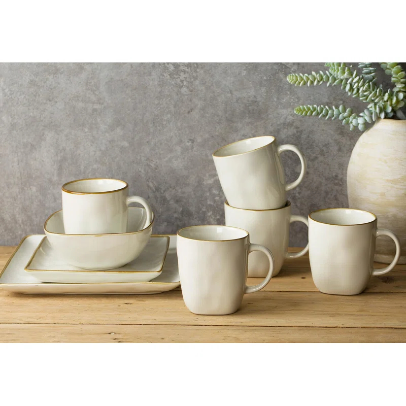 FAST APPLIANCES LLC Coffee Mugs Set Of 4, Ocean Square 13Oz Coffee Cup Set With Handle For Cocoa, Milk, Hot Chocolate, Tea, Water, Stoneware Cups For Kitchen, Microwave And Dishwasher Safe, Vanilla White