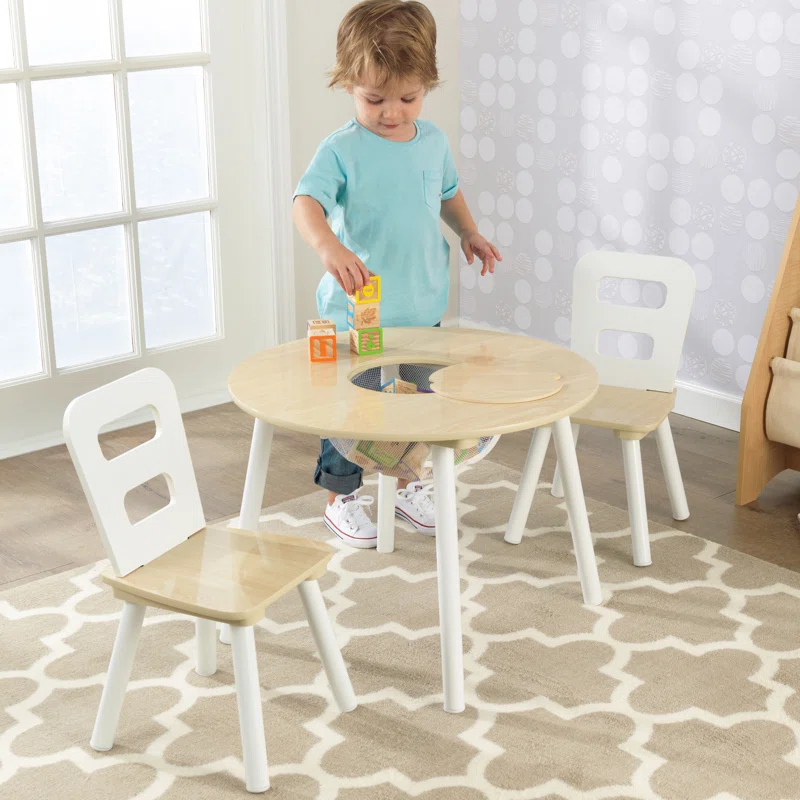 KidKraft Kids' Wooden Round Storage Table & 2 Chair Set - Natural & White