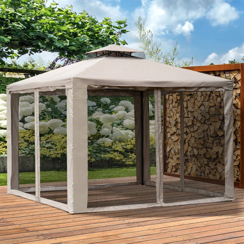 HLILish 9.6' X 9.6' Patio Gazebo, Outdoor Canopy Shelter With 2-Tier Roof And Netting, Steel Frame For Garden, Lawn, Backyard, And Deck