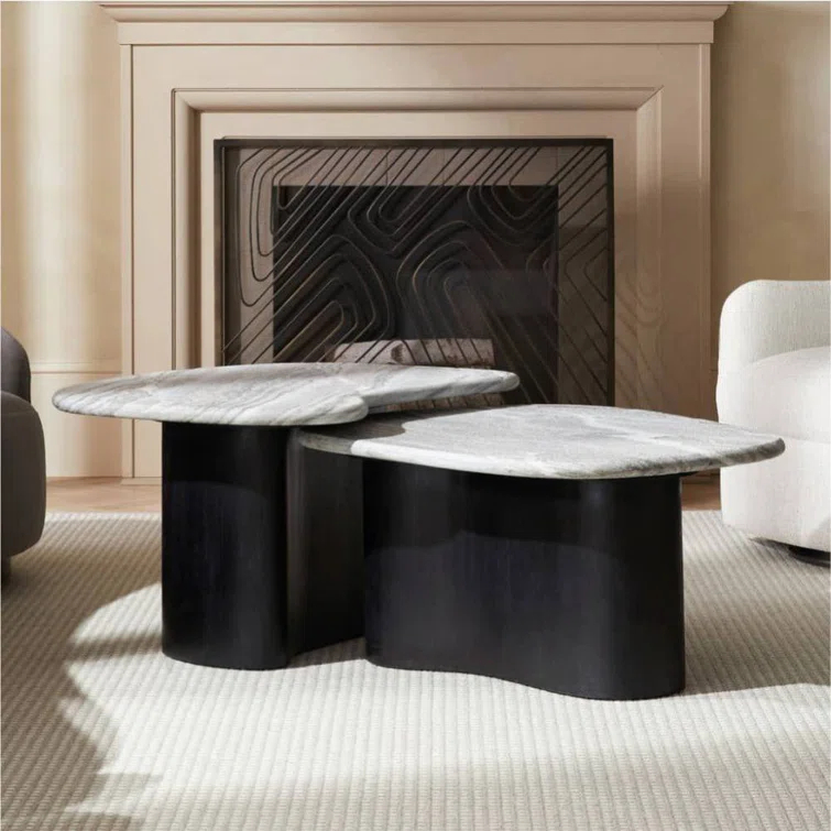 Ebony Mango Wood and Galaxy Marble Nesting Coffee Tables