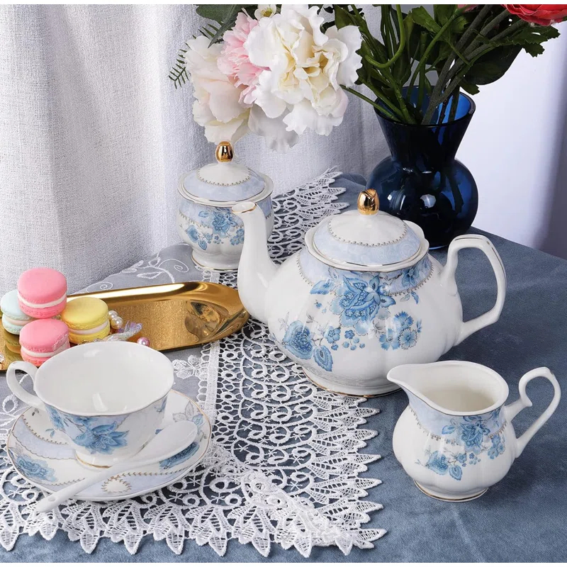 DOFLIC Porcelain Tea Set, Tea Cup and Saucer Set Service for 6, Wedding Tea Set