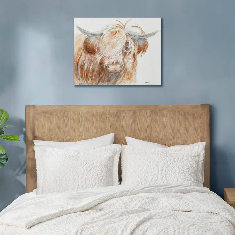 Union Rustic Windswept Hand Embellished Highland Bull Canvas Wall Art