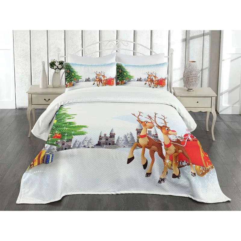 Ambesonne Ambesonne Santa Bedspread Set Snowy Village Sleigh Tree Multicolor