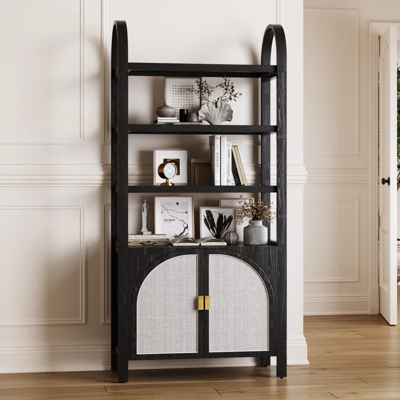 Boho 3-Shelf Bookshelf Cabinet With Rattan Doors
