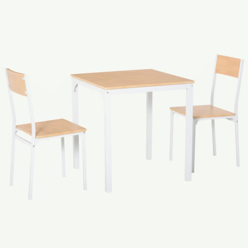 George Oliver HOMCOM 3-Piece Wooden Square Dining Table Set With 1 Table And 2 Chairs And Sturdy Metal Frame For Small Space, White