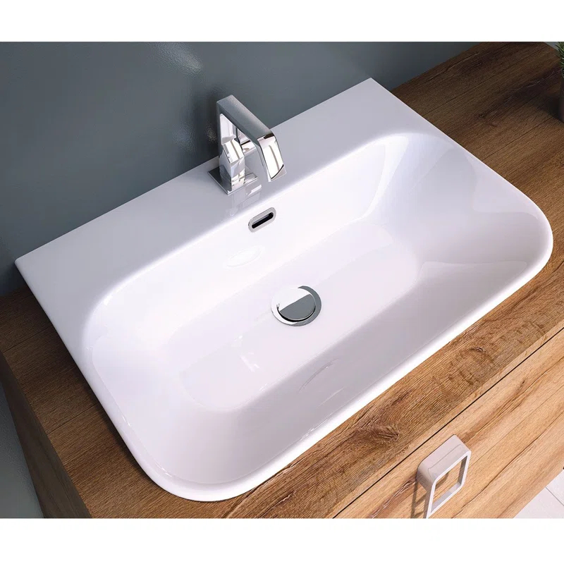 WS Bath Collections Edge 17.7'' Glossy White Ceramic U-Shaped Bathroom Sink with Faucet and Overflow