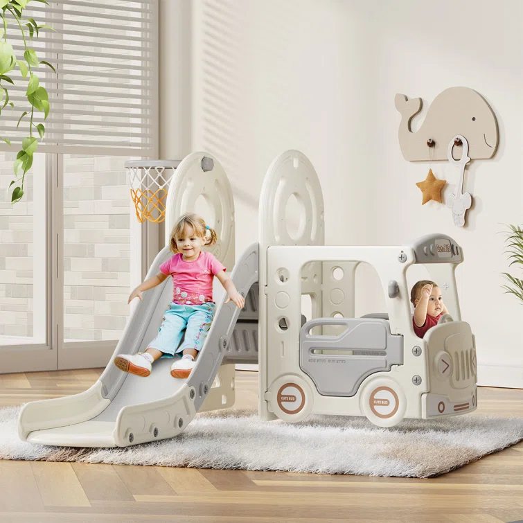 Suteck 4 in 1 Toddler Slide, Kids Slide with Climber and Bus Playhouse Outdoor Indoor Slide Playset