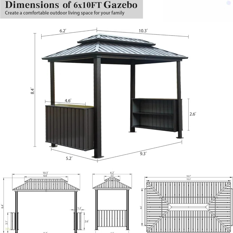 HomeViewto Hardtop Grill Gazebo, Outdoor BBQ Gazebo With Double Galvanized Steel Roof, Patio Grill Canopy With 2 Cabinets And Ceiling Hooks For Backyard, Lawn, Garden