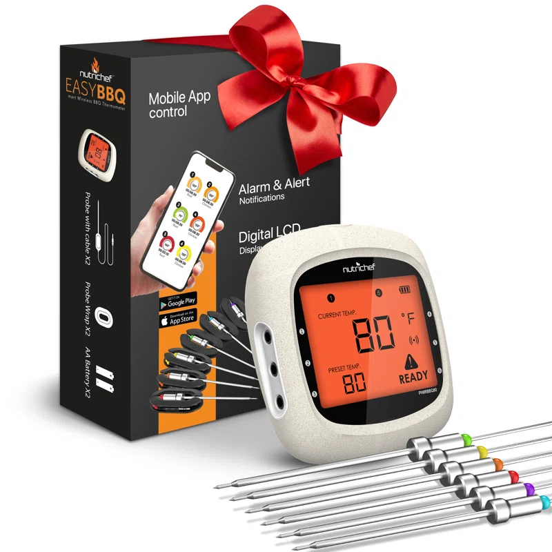 NutriChef Nutrichef Bluetooth Meat Thermometer For Grilling And Smoking With 6 Wireless Meat Probes, 6 Channels With Lcd Display