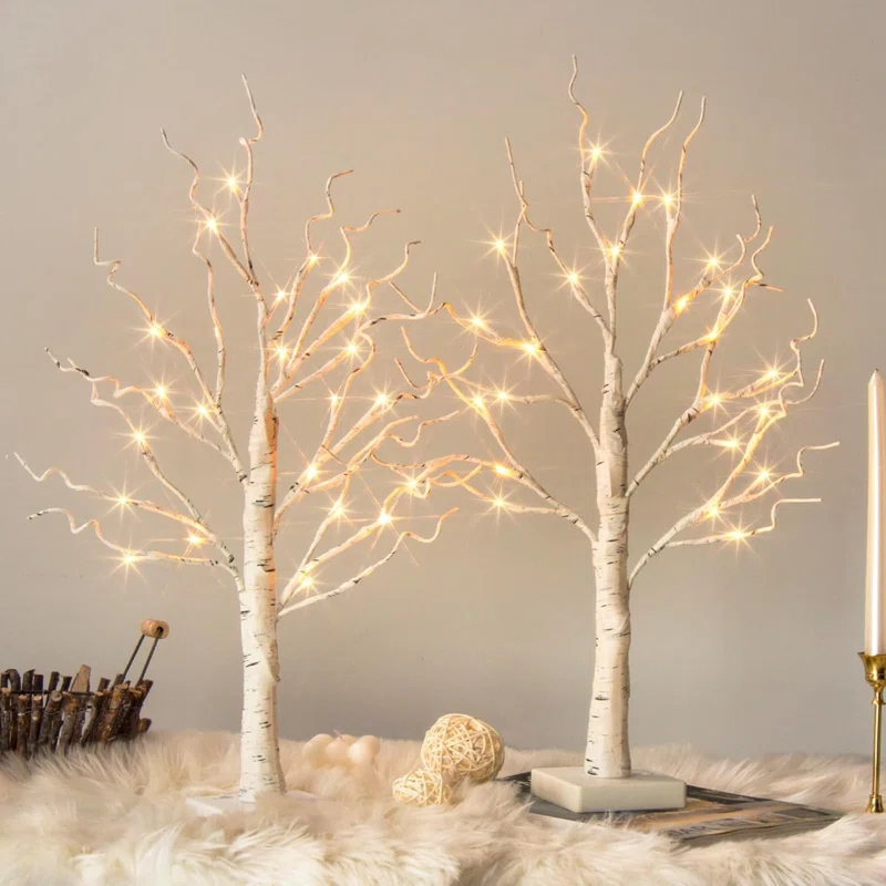 The Holiday Aisle® White Birch Tree With LED Lights - Set Of 2, LED Tabletop Tree With Timer, Christmas Decorations Lighted Tree For Indoor Mantel Home Decor (2 FT, 24 LED)