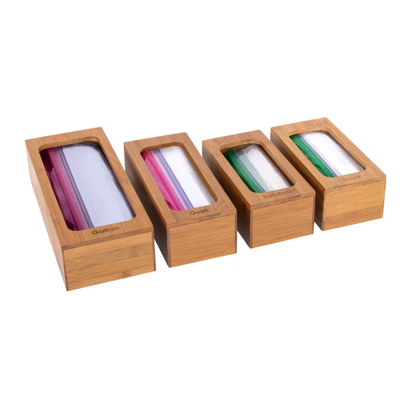 Seville Classics Bamboo Ziplock Food Storage Bag Dispenser (Set of 4)
