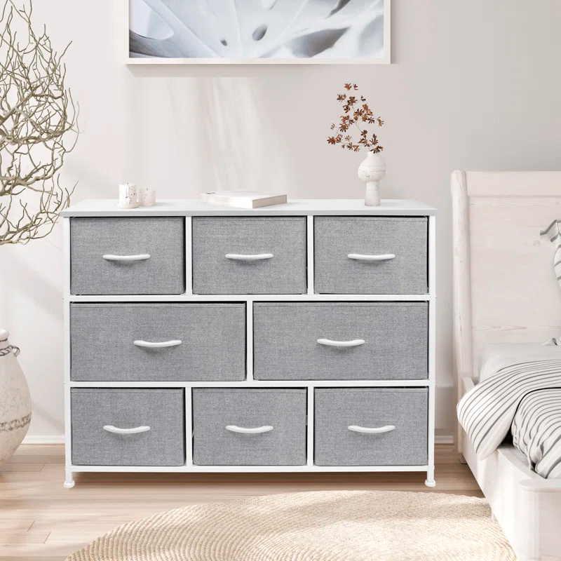 Sorbus Sorbus 8 Drawers Wide Dresser with Steel Frame, Wood Top, and Fabric Bins in White