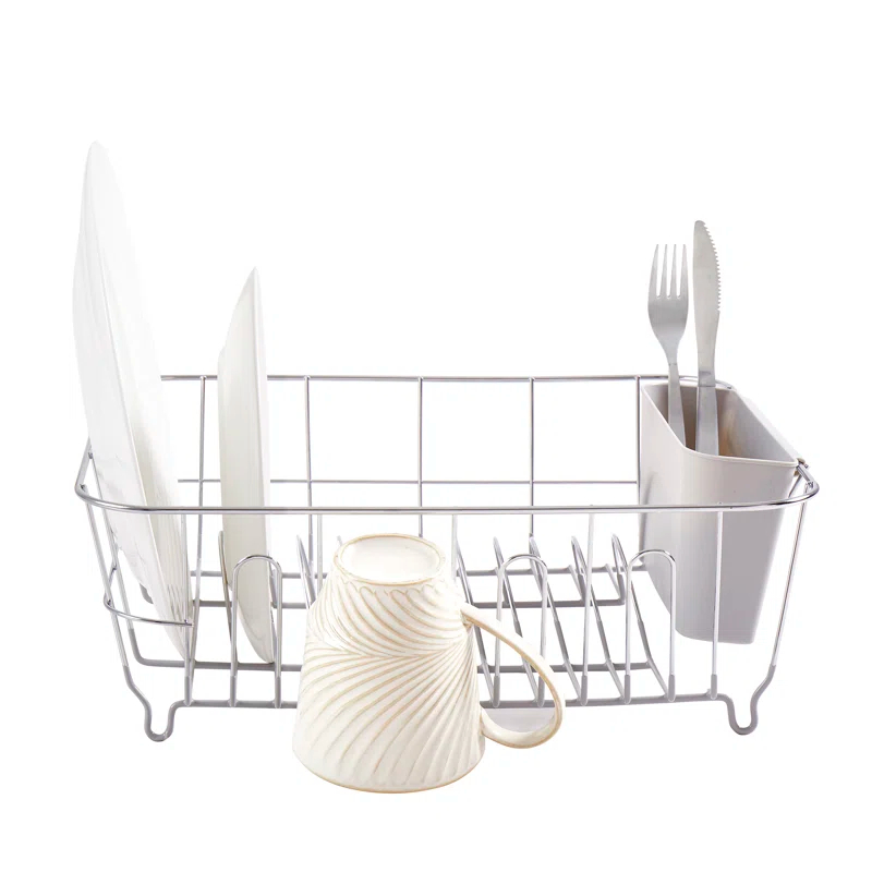 Sweet Home Collection Chrome Plated Steel 2-Piece Compact Dish Drainer with Utensil Caddy