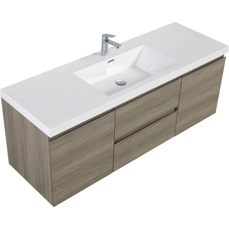 60" Floating Bathroom Vanity Modern Wall-Mounted Storage Vanity with Resin Top Basin, 2 Cabinets and 2 Soft Close Drawers