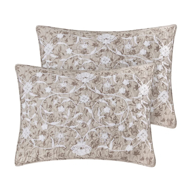 CEDAR COURT Kendall Vine Leaf Embroidery Taupe Neutral All-Season Reversible Soft Microfiber Quilt Set