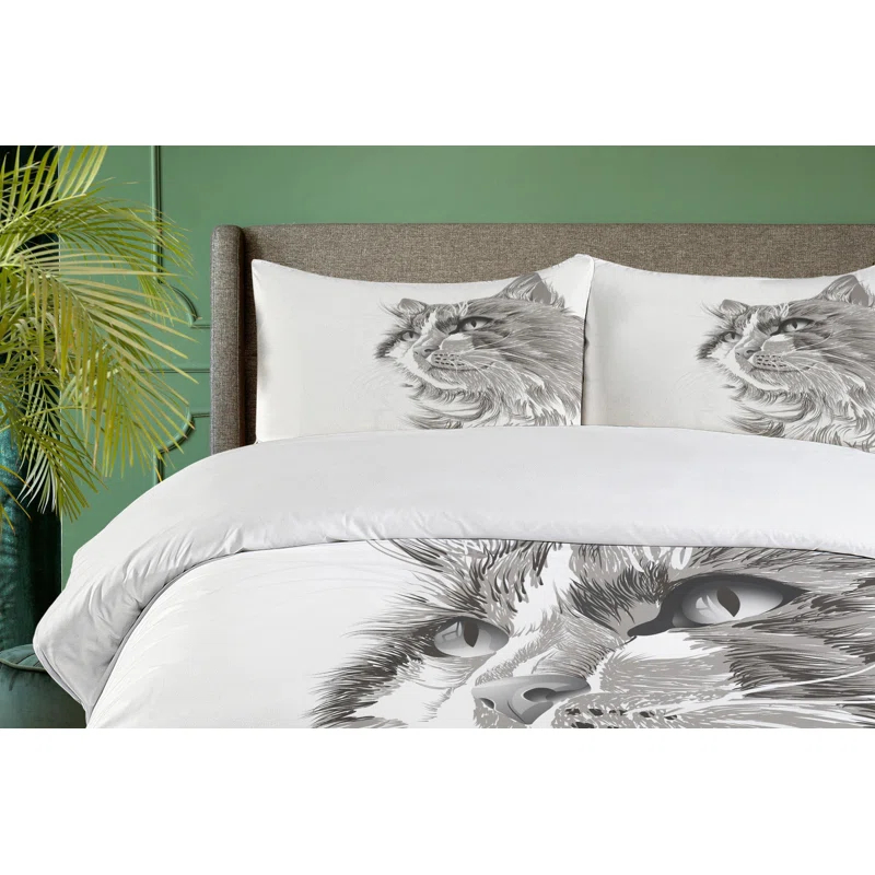 Ambesonne Animal Cat Head Portrait Furry Cute Head Kitten Domestic Meow Pet Drawing Illustration Duvet Cover Set | Wayfair