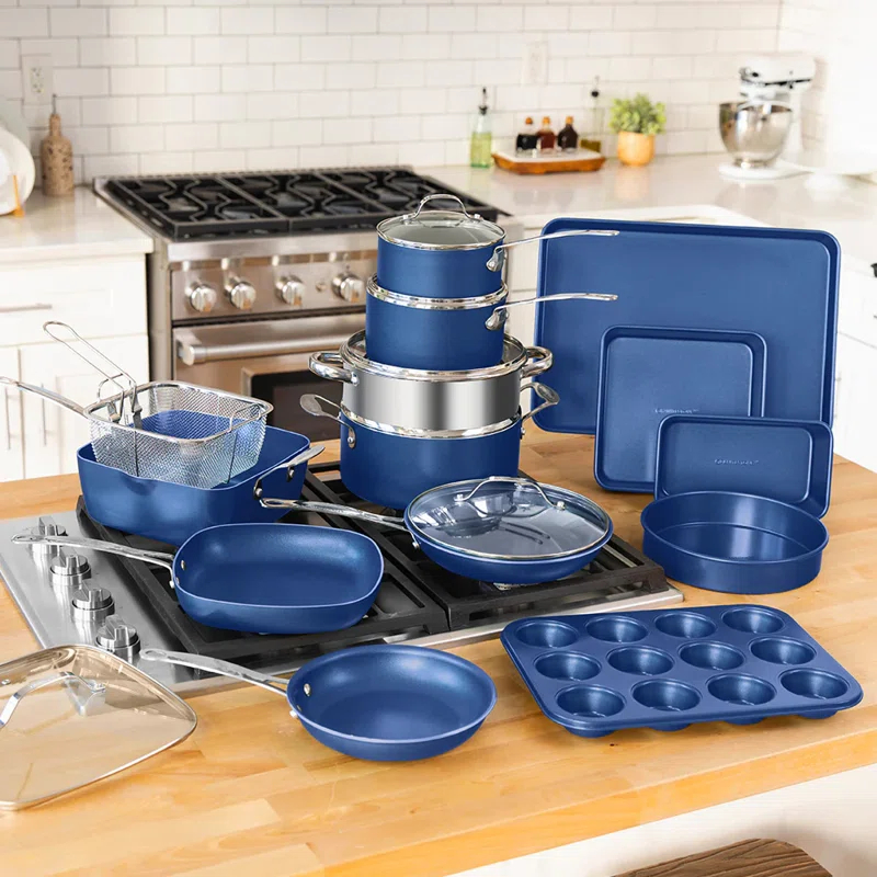Granitestone Blue 20 Piece Aluminum Non Stick Cookware & Bakeware Set with Ultra Nonstick Surface, Oven & Dishwasher Safe