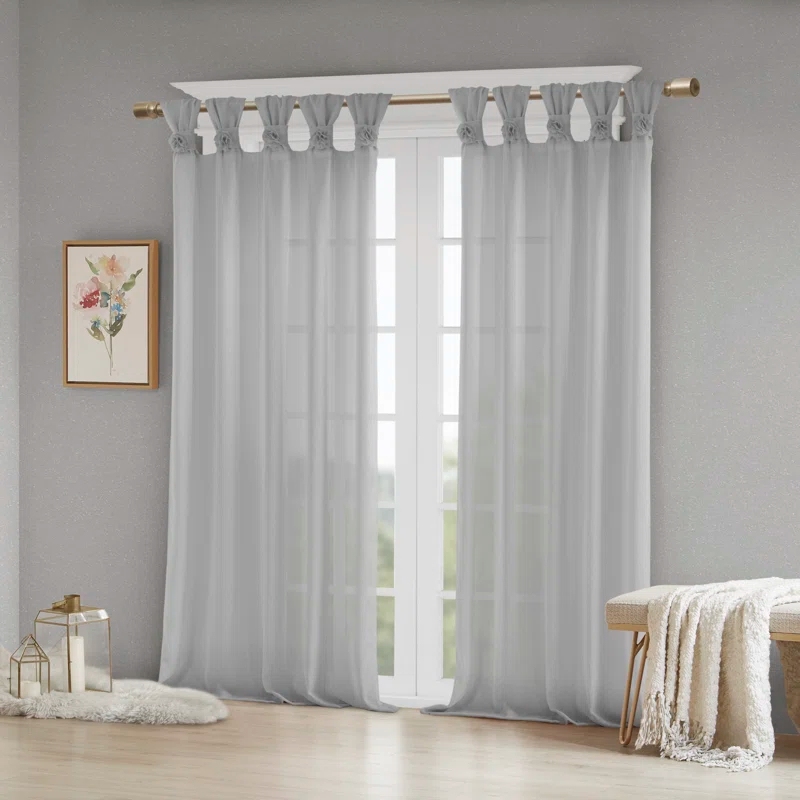 Madison Park Rosette Floral Embellished Cuff Tab Top Solid Curtain Panel