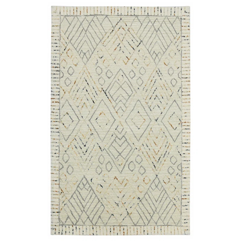 Union Rustic Ahnjayla Geometric Handmade Looped/Hooked Wool Area Rug in Ivory