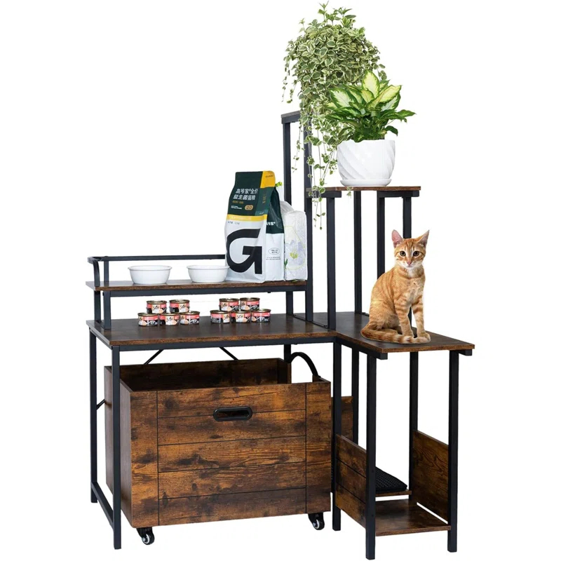 Tucker Murphy Pet™ Cat Litter Box Enclosure Furniture With Flower Stand, Corner Wooden Cat Washroom, Pullable Carring Tray, Plant Stand Hidden Litter Box Enclosure Furniture With Catch Litter, Cat House