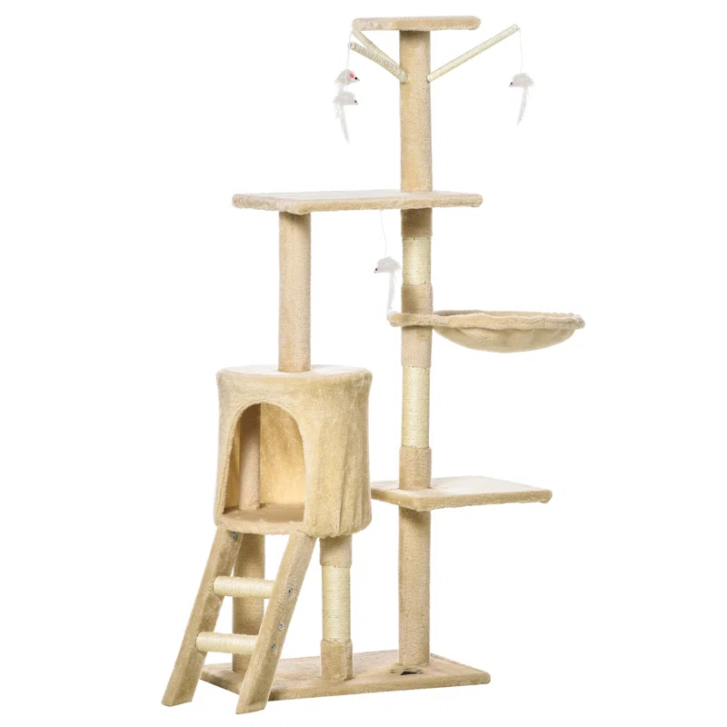 Tucker Murphy Pet™ 53" Plush Sturdy Interactive Cat Condo Tower Scratching Post Activity Tree House - Beige