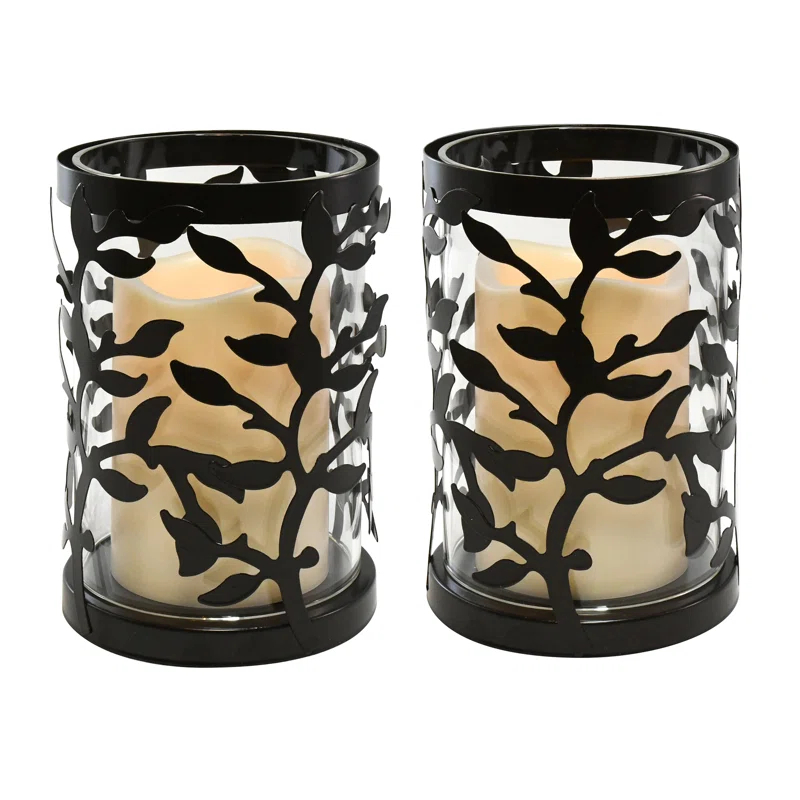 The Holiday Aisle® Black Vine Hurricanes with LED Candles (Set of 2)