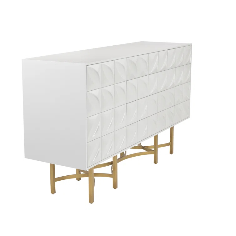 Contemporary Ghost White 61'' Carved Petal Credenza with Bronze Stand