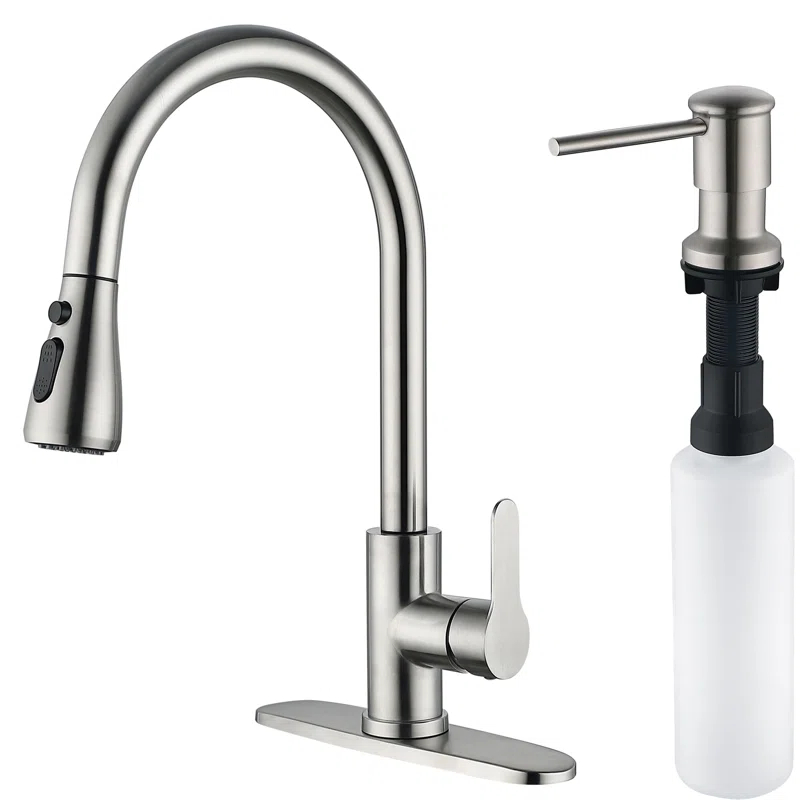 maiguoone ATKW-4047-173 Stainless Steel Single-Handle Pull-Down Sprayer Kitchen Faucet with Soap Dispenser in Brushed Nickel
