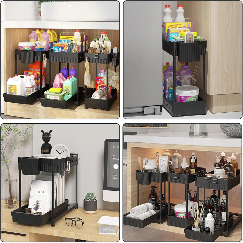 Adeco Trading Under Sink Organizer, 2-Tier Multi-Use Kitchen Bathroom Organizers And Storage With Sliding Drawer，Bathroom Cabinet Organizer (Black, 3 Pack)